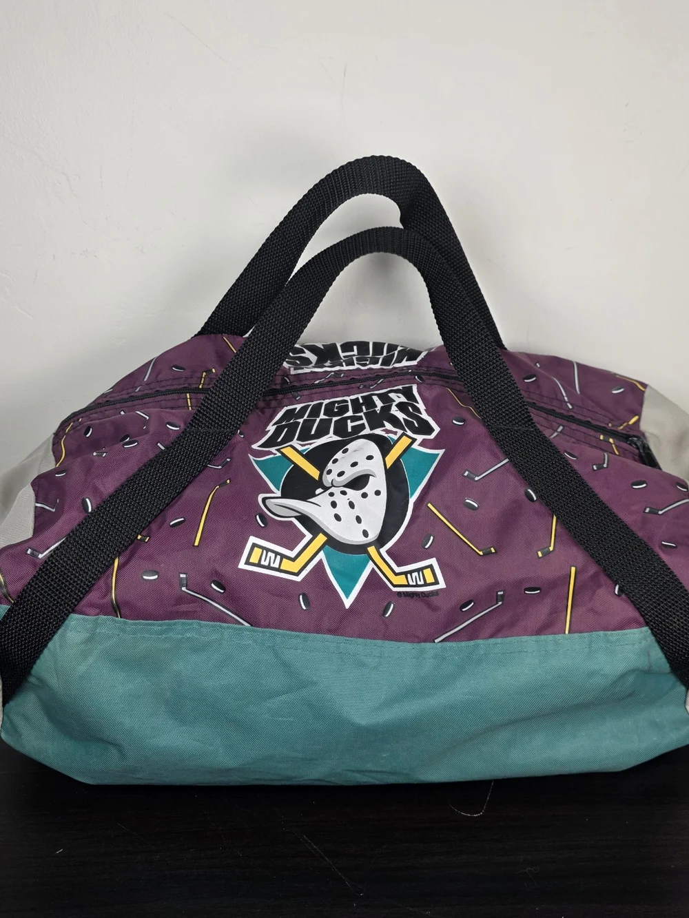 Vintage 90s Disney Mighty Ducks Purple Teal Duffel Bag Made USA